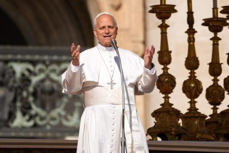 Pope Leo XIV addresses the faithful in St. Peter’s Square before the canonization Mass for Carlo Acutis and Pier Giorgio Frassati at the Vatican Sept. 7, 2025. (CNS photo/Lola Gomez)